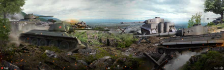 HD desktop wallpaper featuring Tiger I and T-34 tanks in a World of Tanks battle scene, showcasing detailed tank models and a dynamic war-torn landscape.