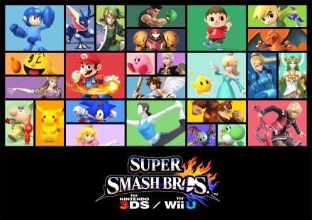 HD desktop wallpaper featuring characters from the video game Super Smash Bros. for Nintendo 3DS and Wii U, with a black background and vibrant character portraits arranged in a grid.