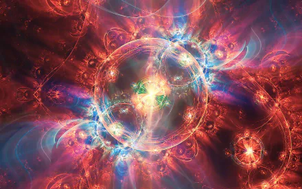 Vibrant abstract fractal in fiery reds and electric blues, with luminous concentric rings and star-like cores — HD PC desktop wallpaper and background.