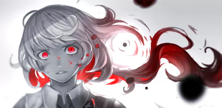 Anime-style HD PC desktop wallpaper from Pixiv Fantasia RD, featuring a grayscale character with glowing red eyes and flowing red and black abstract elements.