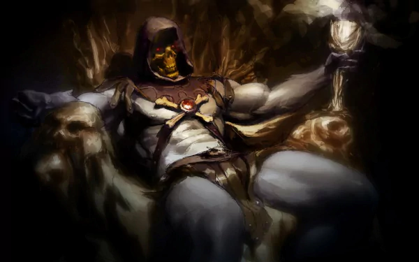 Comic-style Masters of the Universe HD PC desktop wallpaper: Skeletor lounging on a throne, hooded skull face, armored harness, holding a glowing staff amid dramatic shadows.