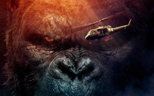 Kong: Skull Island movie 8K Ultra HD PC desktop wallpaper — massive Kong close-up with a glowing eye as a helicopter hovers near his face.