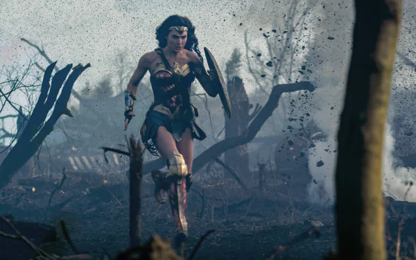 HD desktop wallpaper showing Gal Gadot as Wonder Woman, in an intense action scene amid debris and destruction.