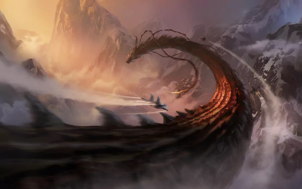 A dramatic HD desktop wallpaper featuring a fierce Chinese dragon soaring through misty mountains as jet fighters fly alongside in a fantasy battle scene.