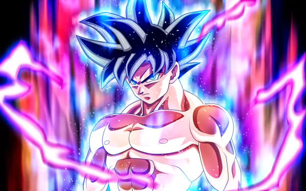 HD desktop wallpaper of Goku from Dragon Ball Super, showcasing an intense, powerful aura with vibrant colors and a determined expression.
