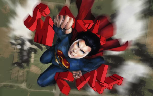 HD PC desktop wallpaper of Superman from the Smallville TV show, featuring dynamic action with DC Comics branding in the background.