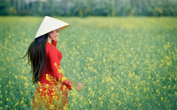 Women Asian Model Rear Hat Red Dress Long Hair Brunette Field Flower Depth Of Field Yellow Flower HD Wallpaper | Background Image