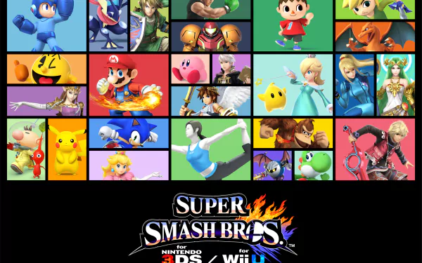 HD desktop wallpaper featuring characters from the video game Super Smash Bros. for Nintendo 3DS and Wii U, with a black background and vibrant character portraits arranged in a grid.