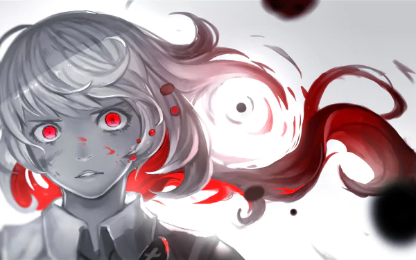 Anime-style HD PC desktop wallpaper from Pixiv Fantasia RD, featuring a grayscale character with glowing red eyes and flowing red and black abstract elements.