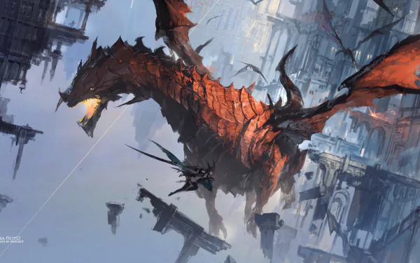 A fierce red dragon flies through a ruined cityscape in this anime-style HD desktop wallpaper from Pixiv Fantasia RD.