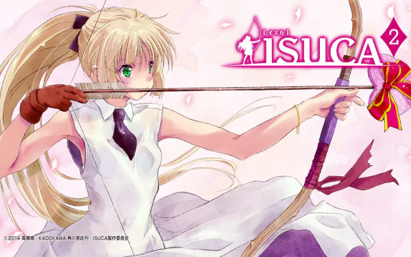 HD anime desktop wallpaper featuring Sakuya Shimazu from Isuca, aiming her bow with a focused expression against a soft, pastel background.