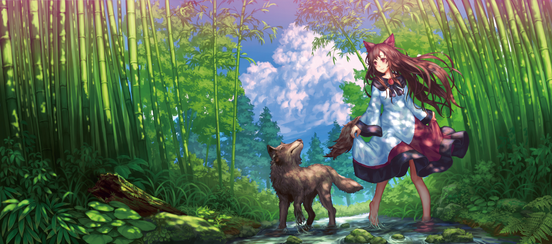 HD anime desktop wallpaper featuring Kagerou Imaizumi from Touhou standing on a forest path with a wolf, surrounded by lush bamboo and vibrant greenery under a bright sky.