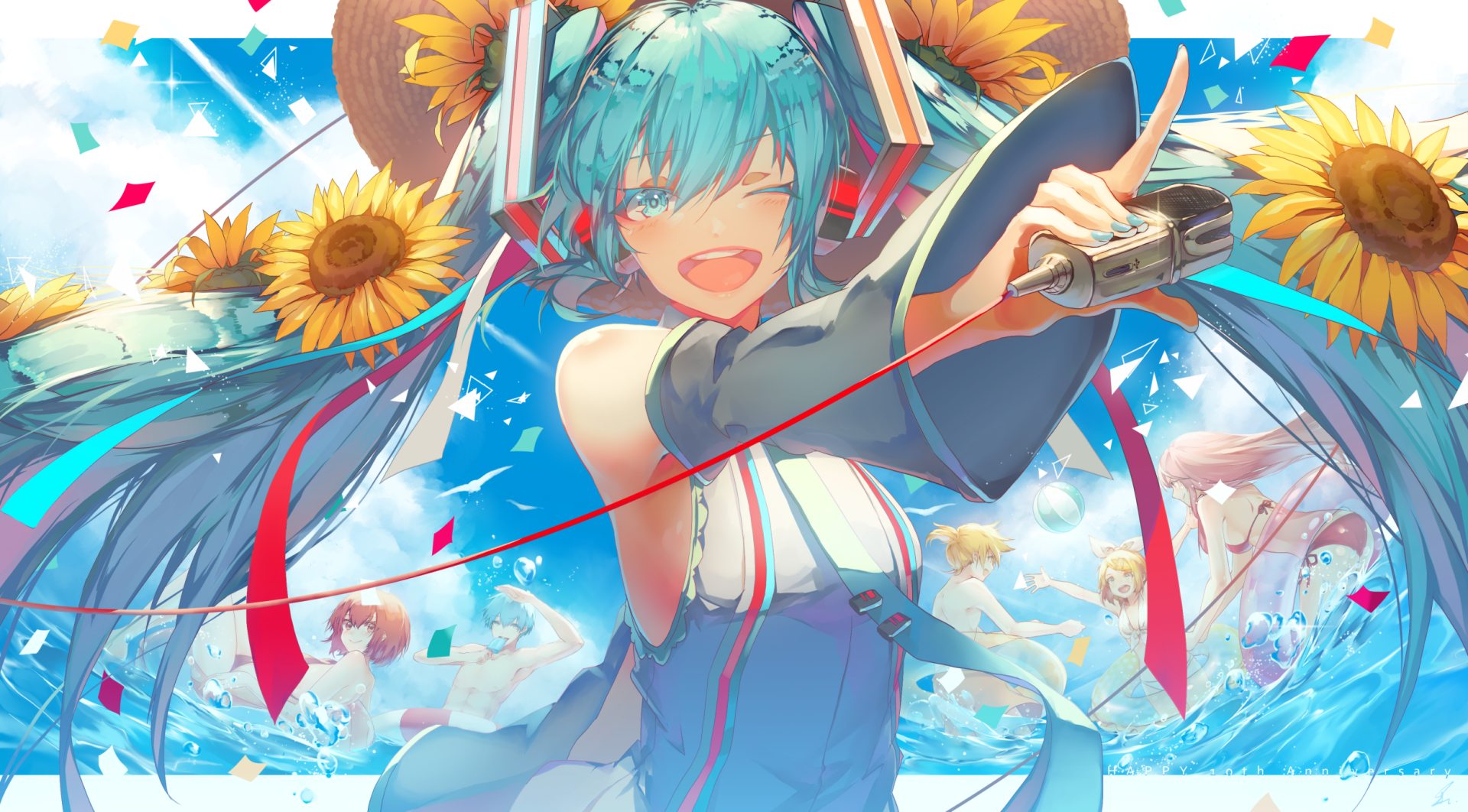 Vibrant HD desktop wallpaper featuring Hatsune Miku from Vocaloid, smiling brightly with sunflowers and a dynamic blue sky background in anime style.