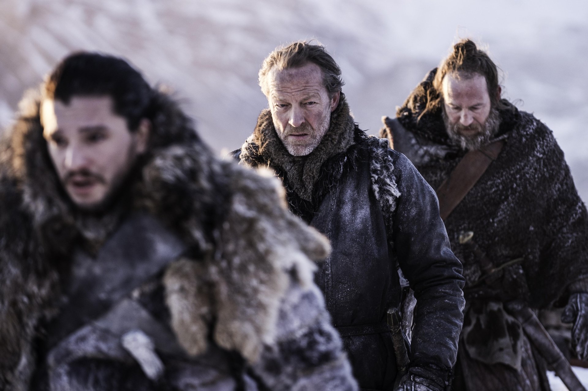 Three fur-clad characters — Jon Snow, Jorah Mormont and Thoros of Myr — trekking through snow; Game of Thrones 4K Ultra HD PC desktop wallpaper.