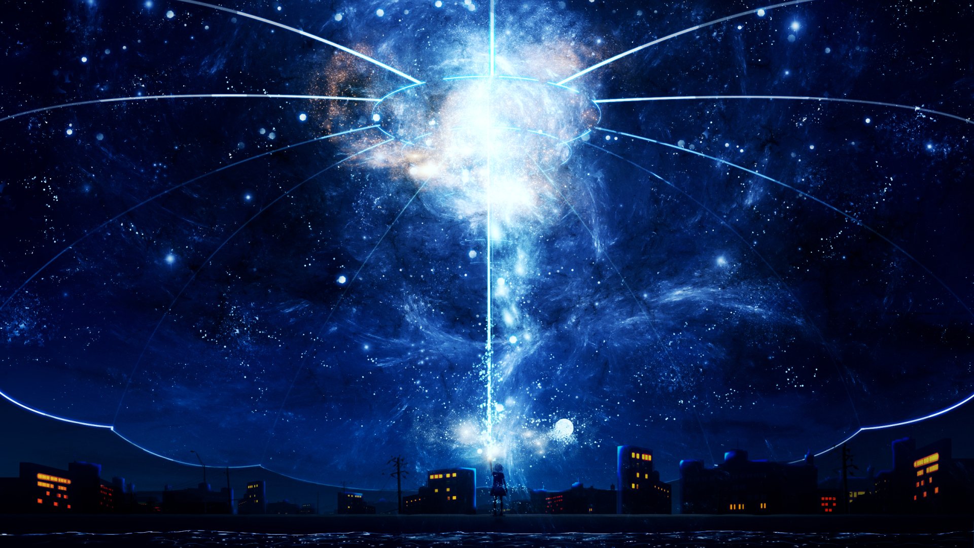 A stunning HD anime-themed wallpaper featuring a radiant star in a night sky, illuminating the scene with ethereal light and a celestial glow, creating an enchanting night landscape.