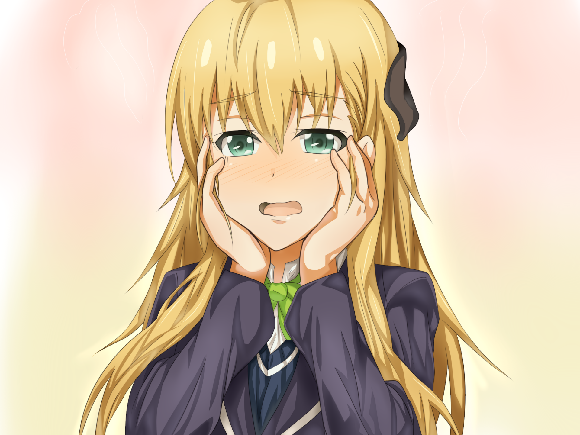 HD PC desktop wallpaper of anime character Karen Tendou — blonde hair, green eyes, flushed cheeks, hands framing her face and a worried, gamer-style expression.