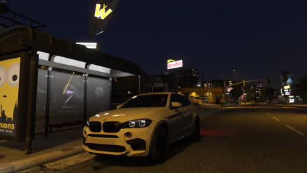 HD PC desktop wallpaper from the video game Grand Theft Auto V: a yellow sports car parked at a bus stop on a neon-lit Los Santos street at night.