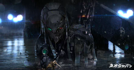 A dark, rainy Neo Japan 2202 scene featuring a futuristic soldier robot with glowing eyes, captured in a high-definition sci-fi desktop wallpaper.