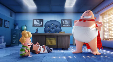 HD PC desktop wallpaper from Captain Underpants: The First Epic Movie, featuring Captain Underpants and two kids in a brightly lit office setting.