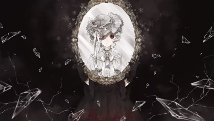 Gothic anime-style HD desktop wallpaper featuring an original character with a detailed hat, reflected in an ornate mirror against a dark, shattered glass background.