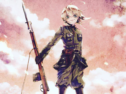 HD anime desktop wallpaper featuring Tanya Degurechaff from The Saga of Tanya the Evil, standing confidently against a dramatic sky with her rifle.