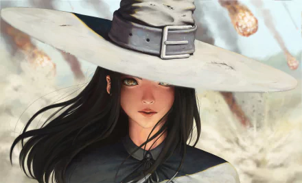 HD desktop wallpaper of a fantasy witch with brown hair, wearing a witch hat. Her expression is calm amid a dramatic background with explosions.