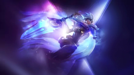HD desktop wallpaper featuring Riven from League of Legends, showcasing her in an ethereal, glowing armor with a vibrant blue and purple background.
