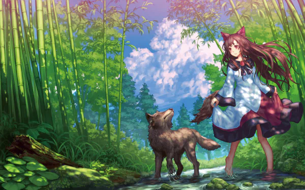 HD anime desktop wallpaper featuring Kagerou Imaizumi from Touhou standing on a forest path with a wolf, surrounded by lush bamboo and vibrant greenery under a bright sky.