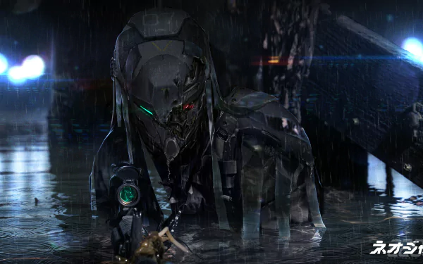 A dark, rainy Neo Japan 2202 scene featuring a futuristic soldier robot with glowing eyes, captured in a high-definition sci-fi desktop wallpaper.
