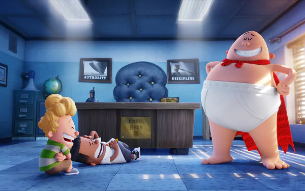 HD PC desktop wallpaper from Captain Underpants: The First Epic Movie, featuring Captain Underpants and two kids in a brightly lit office setting.