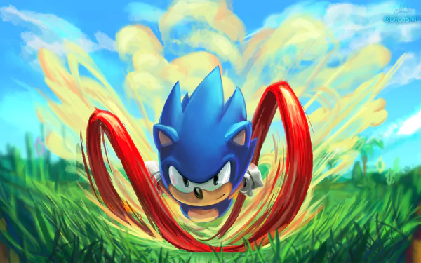 HD desktop wallpaper of Classic Sonic from Sonic Mania, featuring Sonic the Hedgehog speeding through a vibrant grassy field with dynamic motion effects.