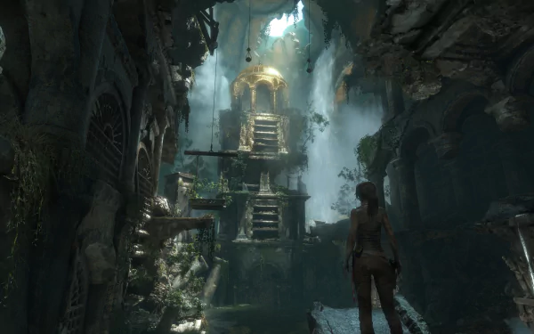 4K Ultra HD PC wallpaper from the video game Rise of the Tomb Raider, depicting the protagonist exploring a mysterious ancient temple interior.