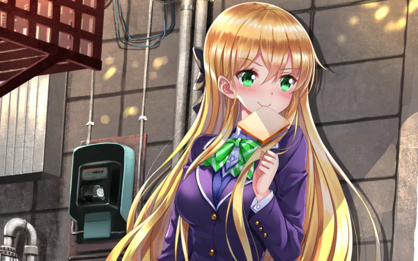 HD anime desktop wallpaper featuring Karen Tendou, a blonde gamer girl with green eyes in a purple school uniform, holding a snack against an urban background.