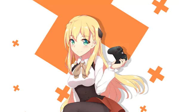 HD PC desktop wallpaper featuring anime character Karen Tendou holding a game controller, set against an orange and white geometric background.