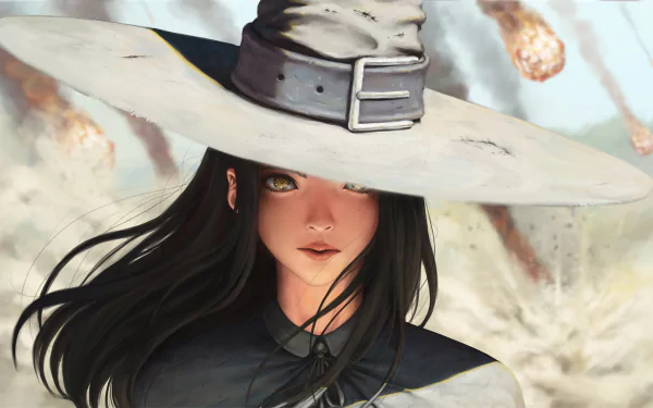HD desktop wallpaper of a fantasy witch with brown hair, wearing a witch hat. Her expression is calm amid a dramatic background with explosions.