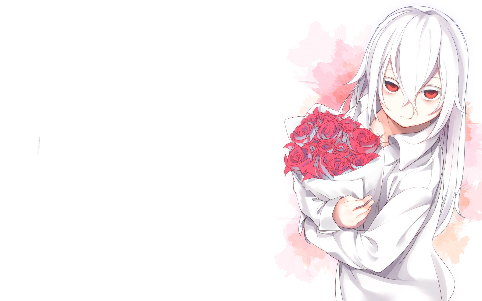 HD desktop wallpaper featuring an original anime character with white hair and red eyes, holding a bouquet of red roses, wearing a shirt. The background is light with soft pink accents.