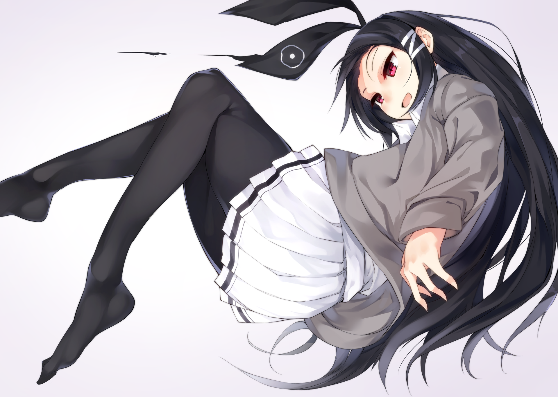 Anime-style HD desktop wallpaper featuring a girl with long black hair, red eyes, bunny ears, wearing a school uniform and thigh highs against a minimal background.