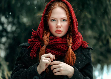 A redhead woman with braided hair and striking blue eyes wears a red scarf and hood, standing amid softly falling snow with a blurred winter background.