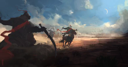 A fantasy warrior on horseback wields a sword in a dramatic desert landscape, depicted in this HD desktop wallpaper. The scene is imbued with a sense of battle and adventure under a partly cloudy sky.