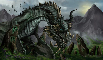 A fierce dragon with dark scales and sharp horns stands among ancient stone monoliths in a misty mountainous landscape, rendered in 4K Ultra HD fantasy art.