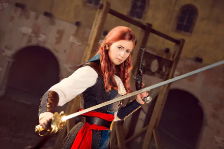 A red-haired woman with blue eyes in Assassin's Creed: Unity cosplay, holding a sword and a pistol, stands in a historical setting. HD desktop wallpaper and background.