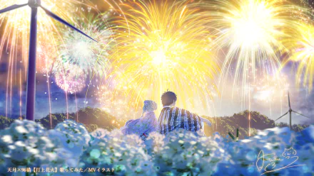 Anime-style night scene with a couple in yukata surrounded by flowers, watching fireworks near wind turbines, rendered in HD as a vibrant PC desktop wallpaper.