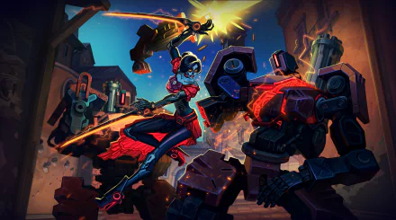 4K Ultra HD wallpaper of a woman warrior wielding a sword fighting a robot Bastion from the Overwatch video game in a dynamic, fiery urban battle scene.