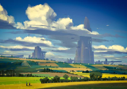 Sci-fi HD desktop wallpaper featuring a picturesque countryside with lush green fields, scattered trees, and imposing futuristic skyscrapers under a partly cloudy sky.