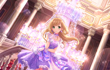 HD PC desktop wallpaper featuring anime character from THE iDOLM@STER: Cinderella Girls Starlight Stage, illustrated by Shin Sato, in an elegant purple dress under a grand chandelier.