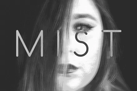 Dark, glitch-manipulated portrait of a face with an emphasized eye and MIST overlay — 5K Ultra HD photography desktop wallpaper/background.