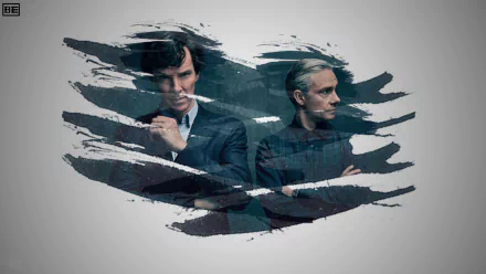 HD PC desktop wallpaper featuring Benedict Cumberbatch as Sherlock Holmes and Martin Freeman from the TV show Sherlock, portrayed with painterly brush stroke effects.