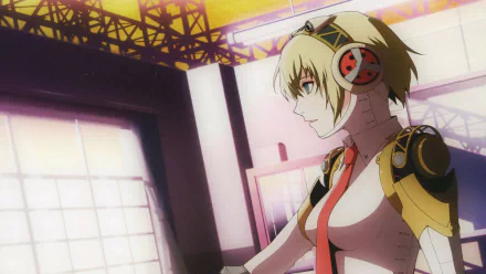 HD PC desktop wallpaper featuring Aigis from the video game Persona 3, showcasing her detailed design in a softly lit industrial setting.