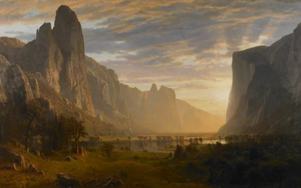 Artistic landscape of a serene valley with towering rocky cliffs under a dramatic sky, captured in stunning detail as an 8K Ultra HD PC desktop wallpaper.