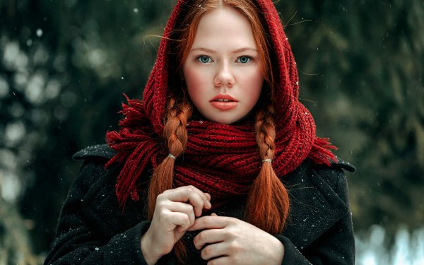 Women Model Redhead Blue Eyes Depth Of Field Snowfall Braid HD Wallpaper | Background Image